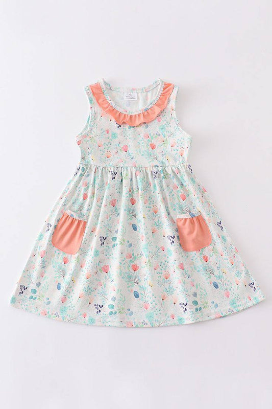 (Custom Design Preorder MOQ 5) Flowers Print Pocktes Girls Summer Knee Length Dress