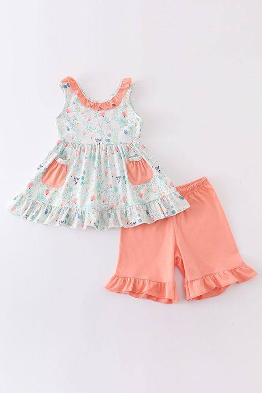 (Custom Design Preorder MOQ 5) Flowers Tunic Pockets Top Girls Summer Clothes Set