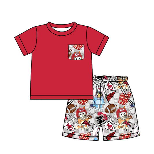 12.30(Custom Design Preorder MOQ 5) Red Pocket Top Team's KC Cartoon Dog Shorts Boys Summer Clothes Set