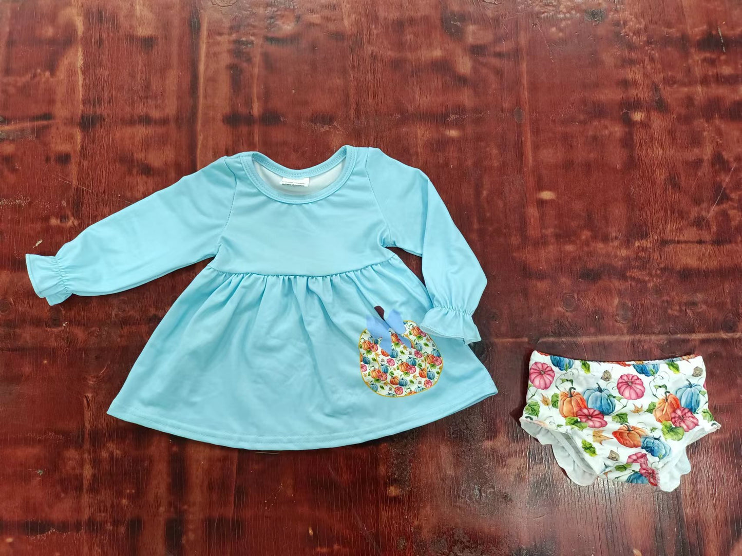 (Custom Design Preorder MOQ 5) Pumpkin Blue Tunic Top Shorts Baby Girls Fall Bummie Set