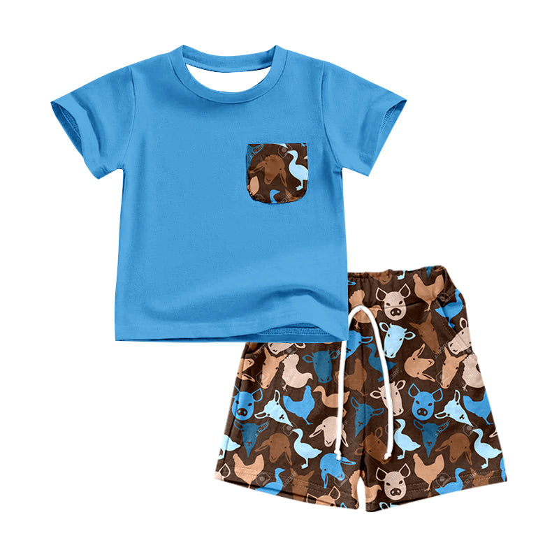 (Custom Design Preorder MOQ 5) Blue Pocket Top Farm Animals Shorts Boys Summer Clothes Set
