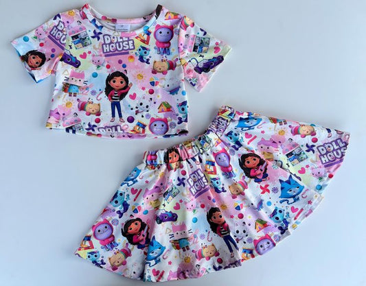 (Custom Design Preorder MOQ 5) Cartoon Cats Print Girls Summer Skirts Clothes Set