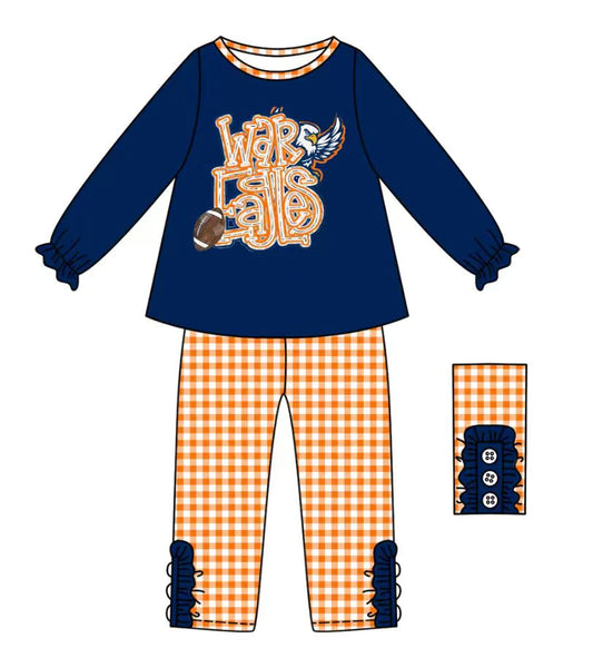 (Custom Design Preorder MOQ 5) Team's EAR EAGLES Navy Top Plaid Pants Girls Fall Clothes Set