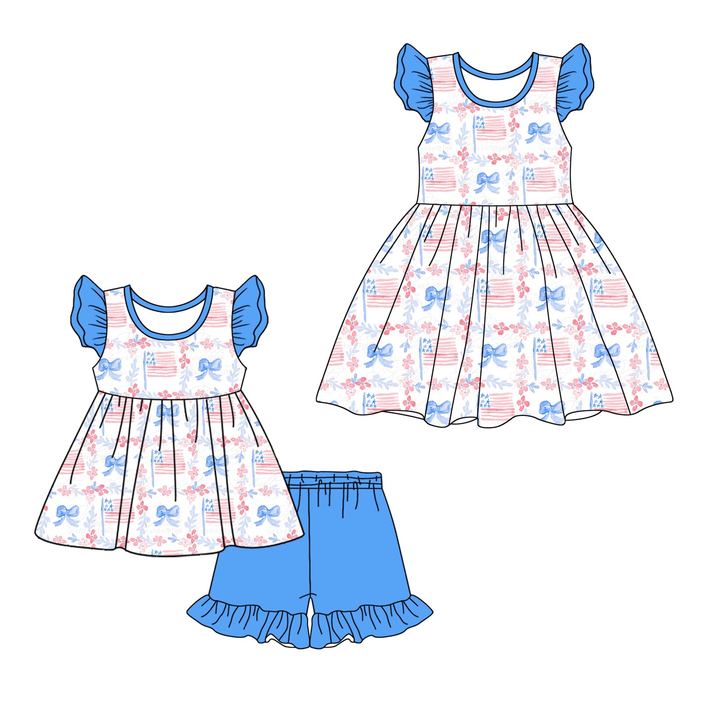 12.12(Custom Design Preorder MOQ 5 Each Design) Flowers Blue Bows Print Girls 4th of July Matching Clothes Sisters Wear