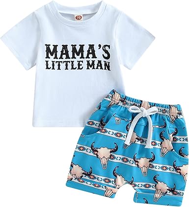 (Custom Design Preorder MOQ 5) MAMA'S LITTLE MAN Top Cows Blue Shorts Boys Summer Western Clothes Set