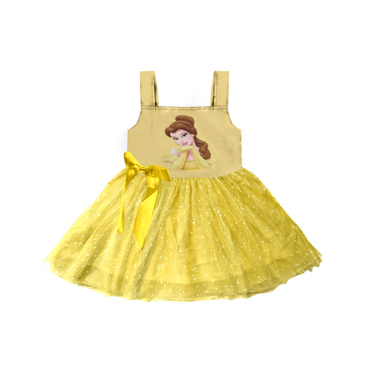 (Custom Design Preorder MOQ 5) Cartoon Princess Yellow Print Girls Knee Length Summer Tulle Dress