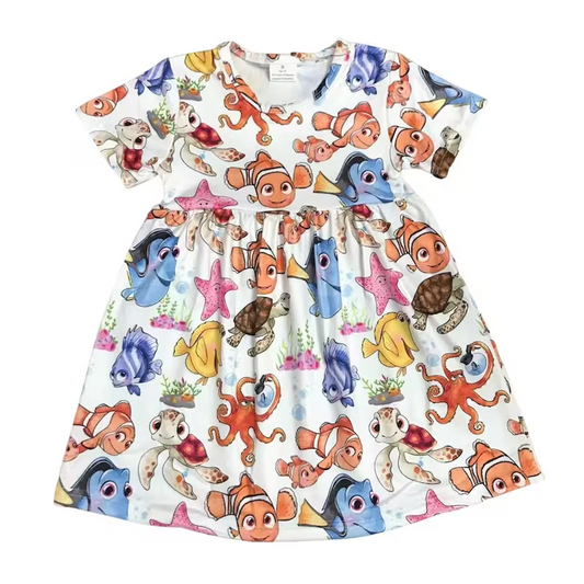 (Custom Design Preorder MOQ 5)  Cartoon Fish Print Girls Knee Length Dress