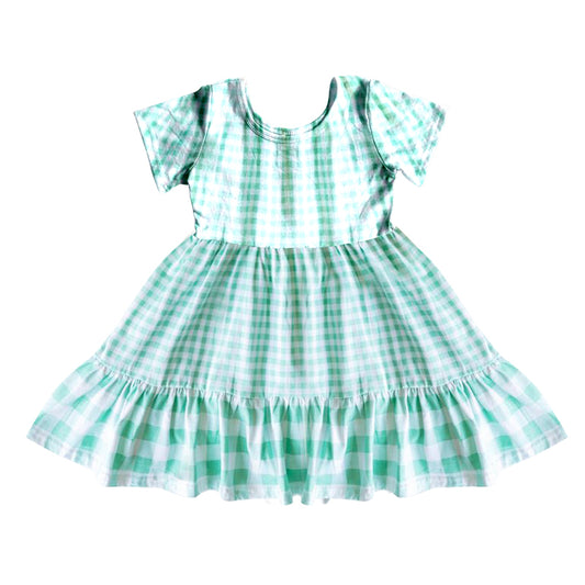 (Custom Design Preorder MOQ 5) Green Plaid Print Girls Knee Length Summer Dress
