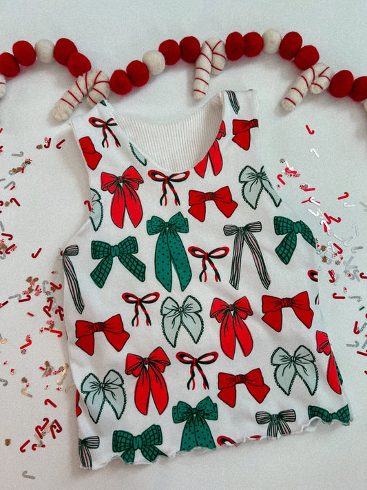 (Custom Design Preorder MOQ 5) Green Red Bows Print Girls Christmas Vest Top