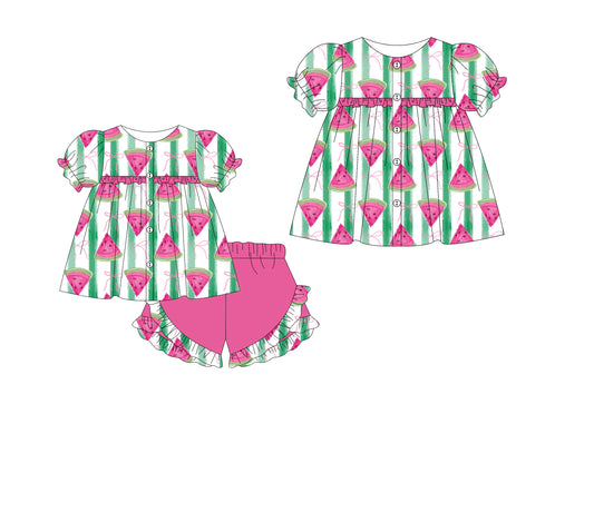 3.10(Custom Design Preorder MOQ 5 Each Design) Watermelon Bows Print Girls Summer Matching Clothes Sisters Wear