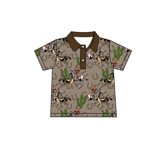 (Pre-order)BT0606  Rodeo Cactus Print Boys Summer Polo Tee Shirts Top