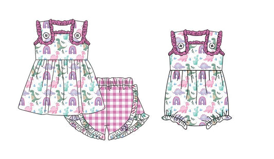 (Custom Design Preorder MOQ 5) Dino Rainbow Print Baby Girls Summer Romper