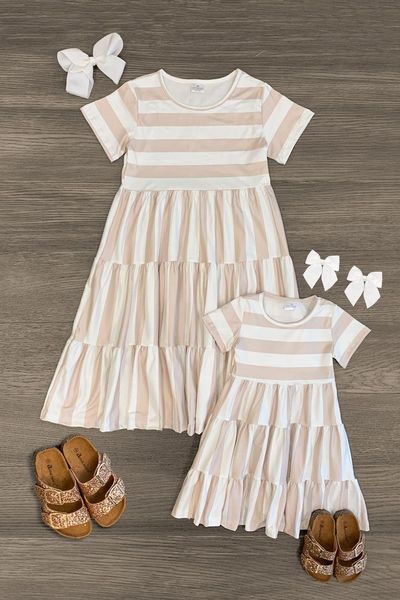 (Custom Design Preorder MOQ 5) Khaki Stripes Print Girls Summer Knee Length Dress