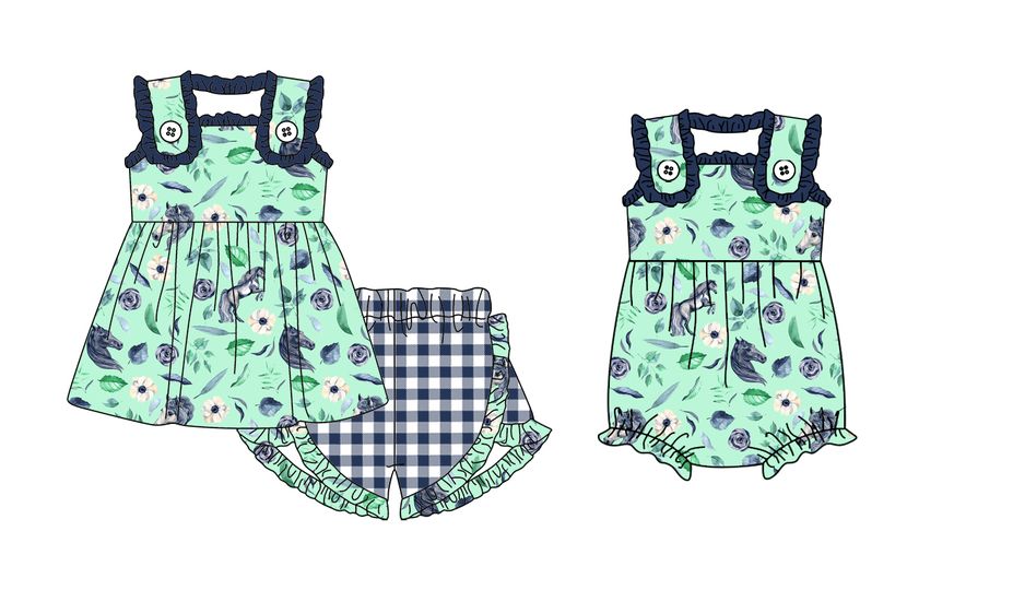 (Custom Design Preorder MOQ 5) Horse Flowers Print Baby Girls Summer Romper