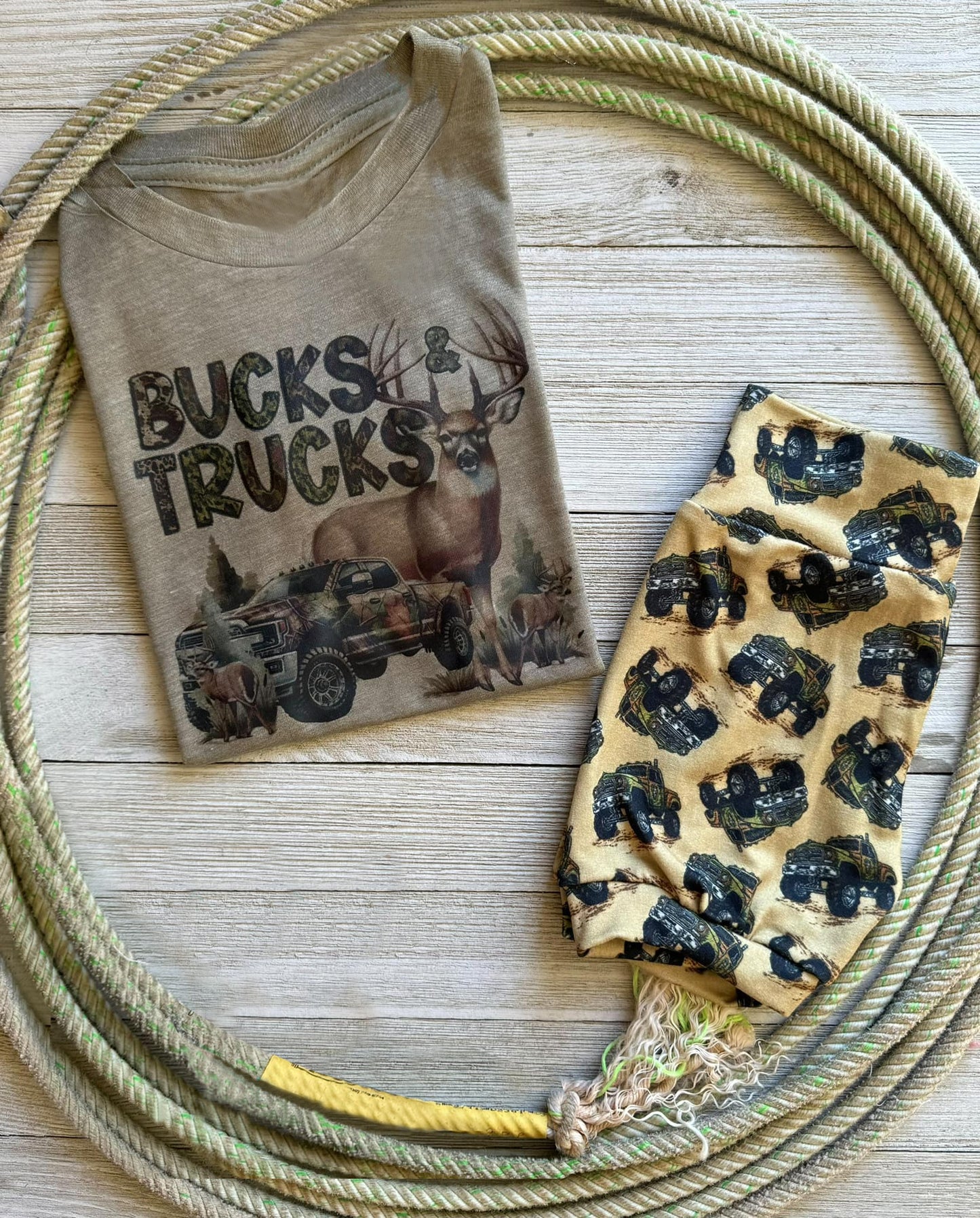 (Custom Design Preorder MOQ 5) Bucks Trucks Print Boys Summer Clothes Set