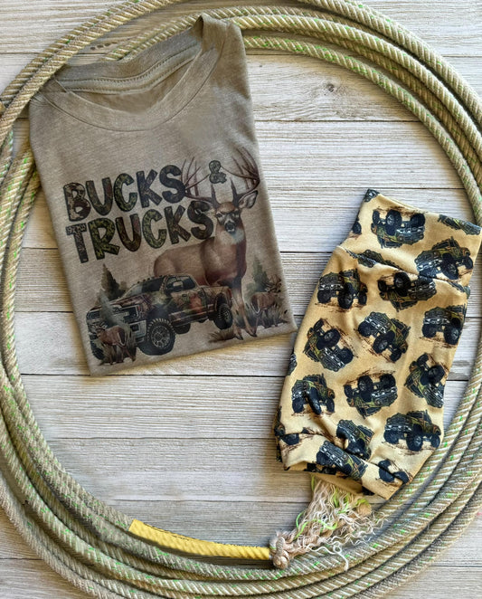 (Custom Design Preorder MOQ 5) Bucks Trucks Print Boys Summer Clothes Set