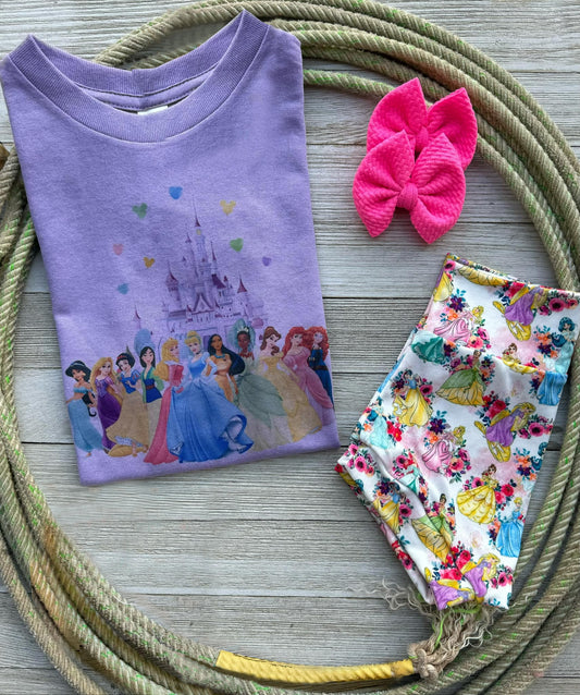 (Custom Design Preorder MOQ 5) Cartoon Princess Castle Flowers Print Baby Girls Summer Bummie Set