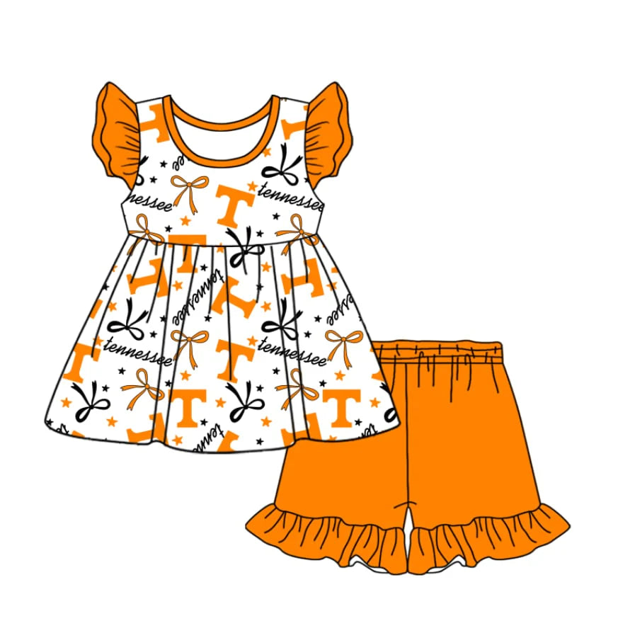 (Custom Design Preorder MOQ 5) Team's Tennessee Top Orange Shorts Girls Summer Clothes Set