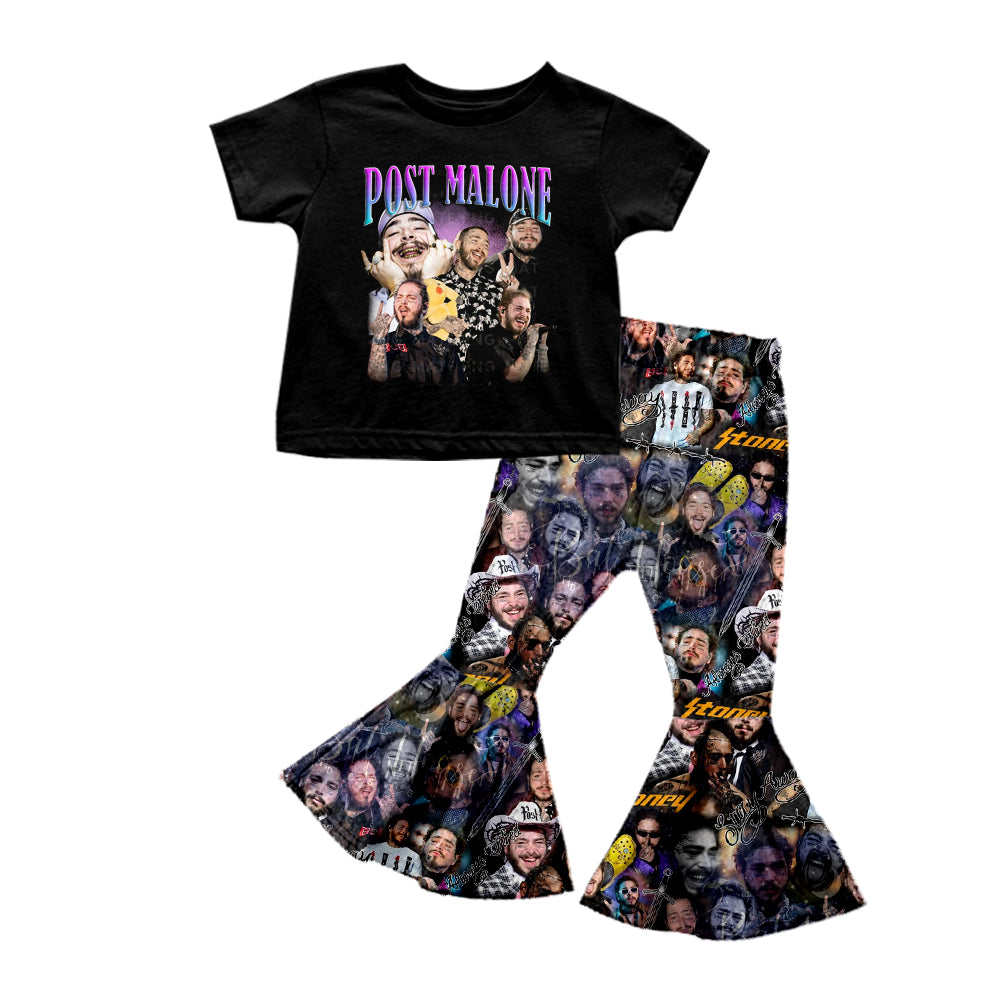 (Custom Design Preorder MOQ 5) Black Singer Print Girls Clothes Set