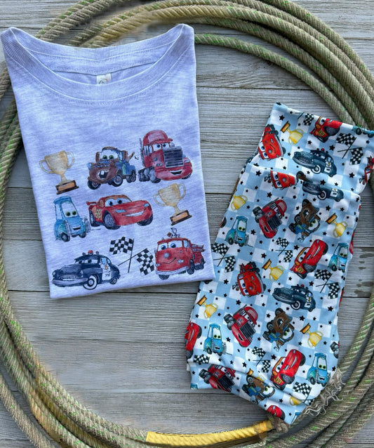 (Custom Design Preorder MOQ 5) Cartoon Cars Print Boys Summer Clothes Set
