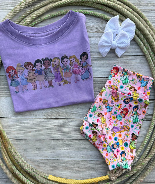 (Custom Design Preorder MOQ 5) Cartoon Princess Flowers Print Baby Girls Summer Bummie Set