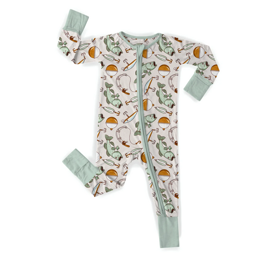 (Custom Design Preorder MOQ 5)  Fishing Print Baby Boys Fall Bamboo Sleeper Zipper Romper