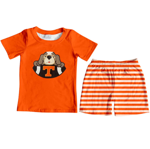 (Custom Design Preorder MOQ 5)  Team's Dog Orange Top Stripes Shorts Boys Clothes Set