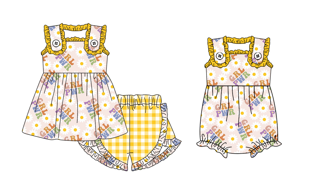 (Custom Design Preorder MOQ 5)  GRL PWR Daisy Print Tunic Top Plaid Shorts Girls Summer Clothes Set