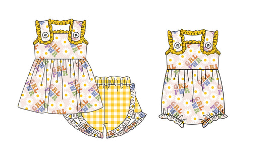 (Custom Design Preorder MOQ 5) GRL PWR Daisy Print Baby Girls Summer Romper