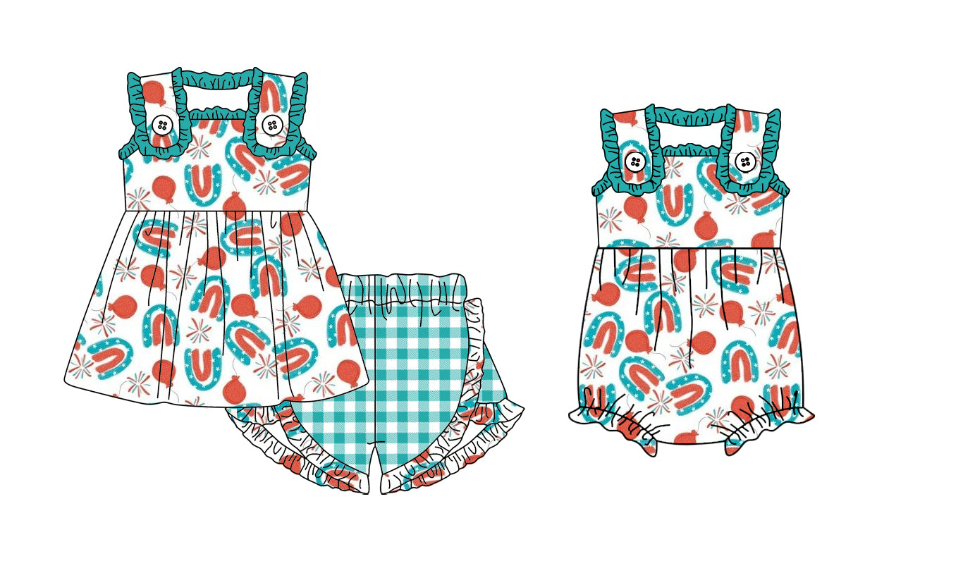 (Custom Design Preorder MOQ 5) Fireworks Rainbow Print Baby Girls 4th of July Romper