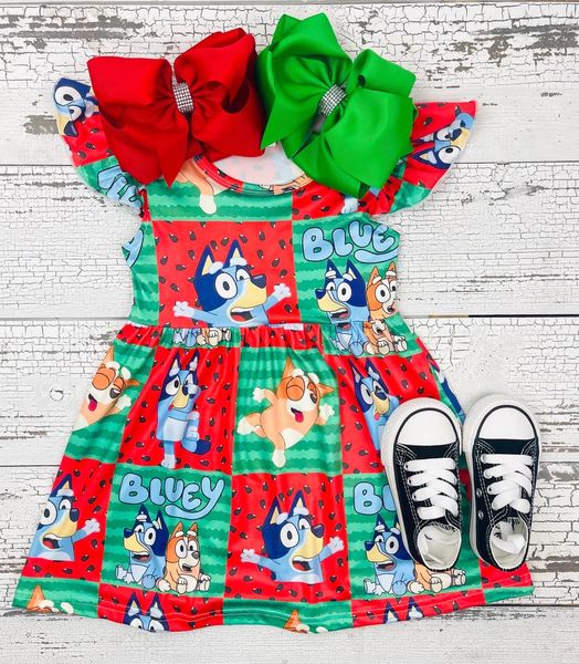 (Custom Design Preorder MOQ 5) Watermelon Cartoon Dog Print Girls Summer Knee Length Dress