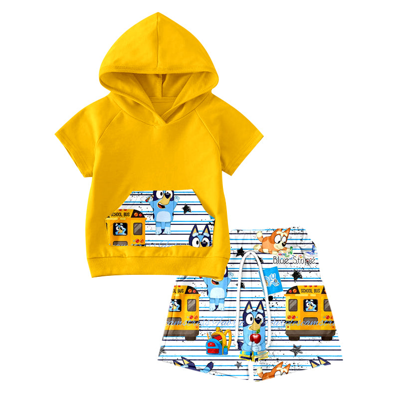 (Custom Design Preorder MOQ 5)  Yellow Pocket Hoodie Top Cartoon Dog School Bus Shorts Boys Back to School Clothes Set