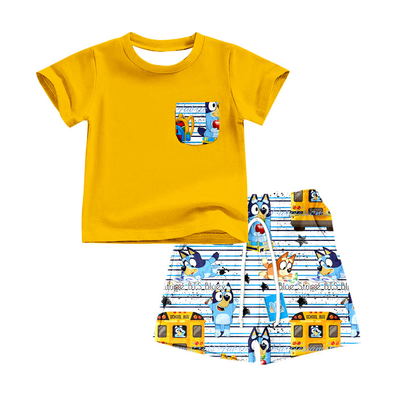 (Custom Design Preorder MOQ 5)  Yellow Pocket Top Cartoon Dog School Bus Shorts Boys Back to School Clothes Set