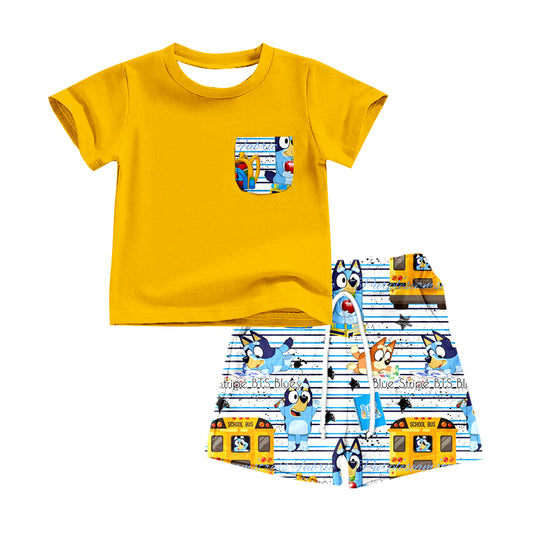 (Custom Design Preorder MOQ 5)  Yellow Pocket Top Cartoon Dog School Bus Shorts Boys Back to School Clothes Set