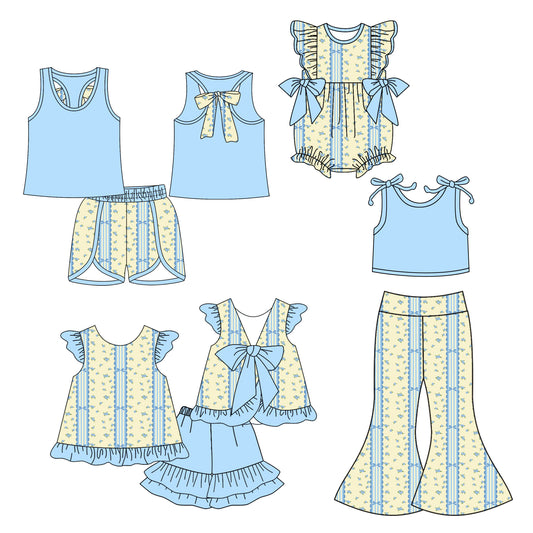 5.6(Custom Design Preorder MOQ 5 Each Design) Blue Small Flowers Print Girls Summer Matching Clothes Sisters Wear