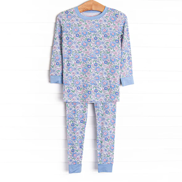 (Custom Design Preorder MOQ 5) Blue Pink Flowers Print Girls Pajamas Clothes Set