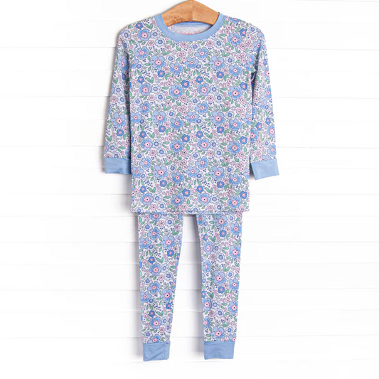 (Custom Design Preorder MOQ 5) Blue Pink Flowers Print Girls Pajamas Clothes Set