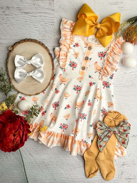 (Custom Design Preorder MOQ 5) Chicken Flowers Print Girls Summer Knee Length Dress