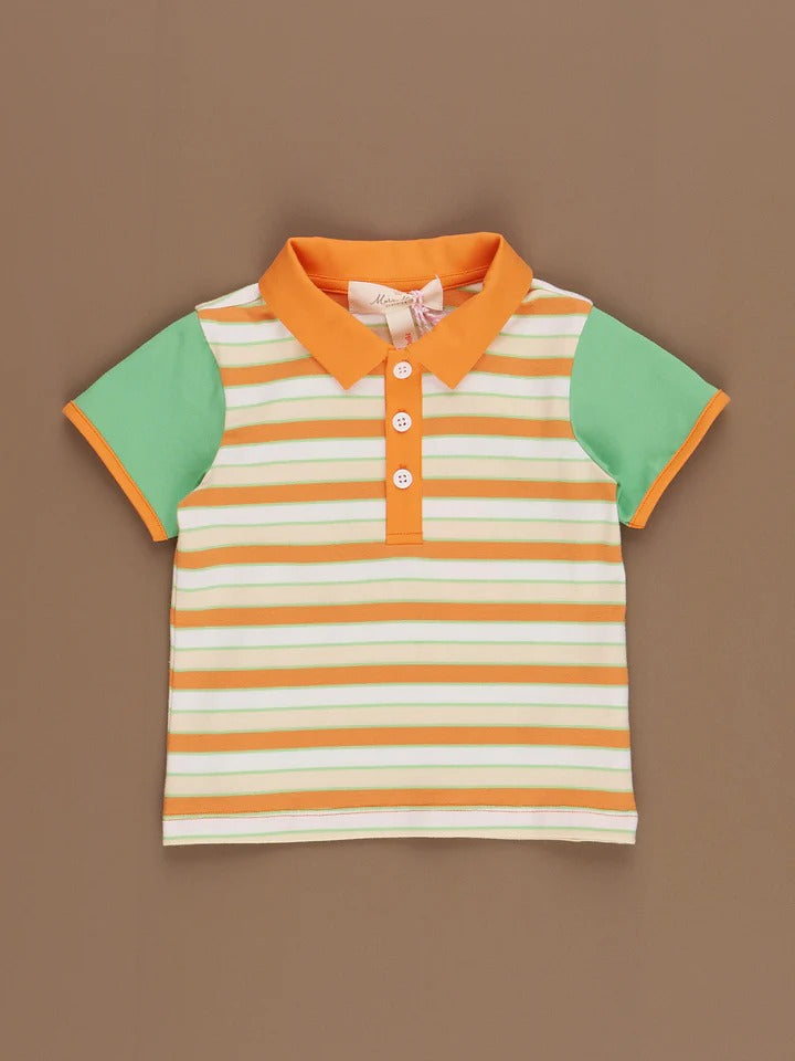(Custom Design Preorder MOQ 5)  Orange Stripes Print Boys Summer Polo Tee Shirts Top