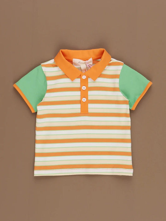 (Custom Design Preorder MOQ 5)  Orange Stripes Print Boys Summer Polo Tee Shirts Top