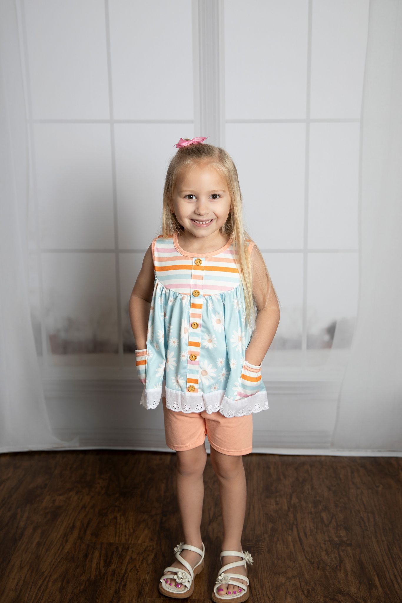 GSSO0403 Small Daisy Sleeveless Tunic Top Orange Shorts Girls Summer Clothes Set