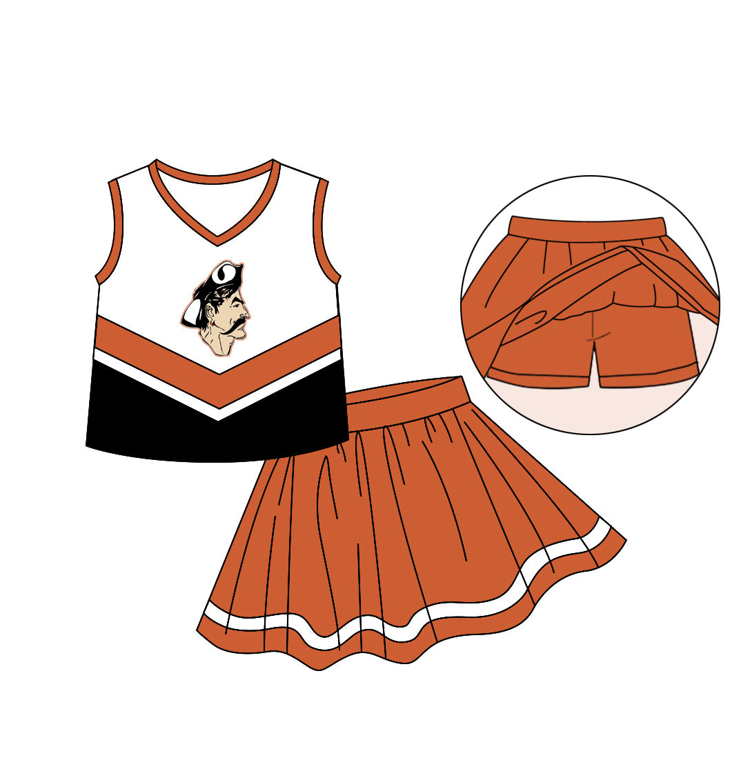 (Custom Design Preorder MOQ 5)  Team's Orange Print Skirts With Shorts Girls Summer Clothes Set