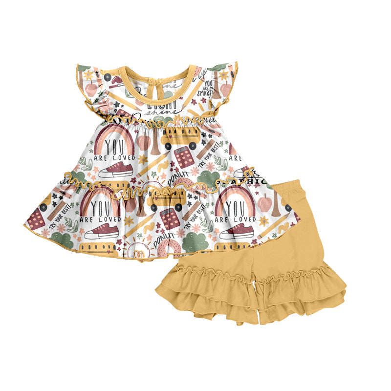 (Custom Design Preorder MOQ 5)  You Are Loved School Bus Pen Tunic Top Yellow Shorts Girls Back to School Clothes Set