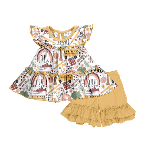 (Custom Design Preorder MOQ 5)  You Are Loved School Bus Pen Tunic Top Yellow Shorts Girls Back to School Clothes Set