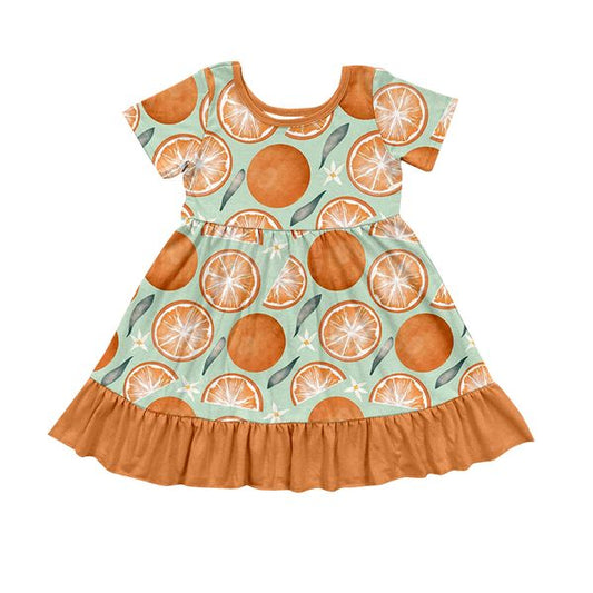 (Custom Design Preorder MOQ 5) Orange Print Girls Knee Length Summer Dress