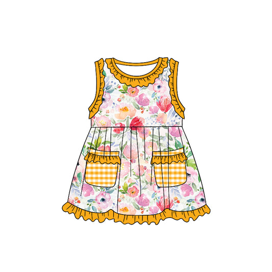 (Custom Design Preorder MOQ 5) Mustard Flowers Print Pockets Girls Knee Length Summer Dress