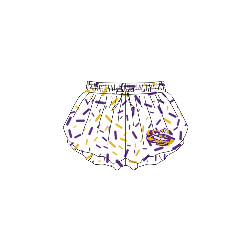 (Custom Design Preorder MOQ 5 Each Item) Team's LSU Sprinkles Print Summer Bottom Flutter Shorts Mom and Me Matching Clothes