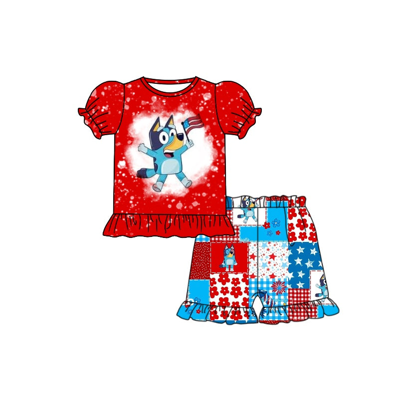 (Custom Design Preorder MOQ 5)  Cartoon Dog Flag Print Baby Girls 4th of July Clothes Set