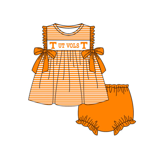 (Custom Design Preorder MOQ 5 ) Team's Tennessee VOLS Orange Stripes Tunic Top Shorts Baby Girls Bummie Set