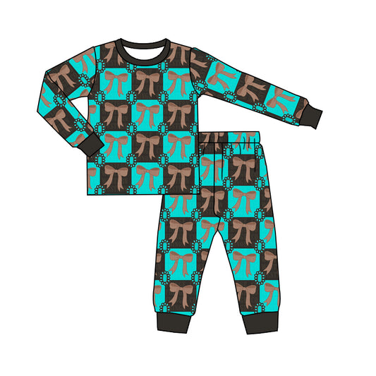 (Custom Design Preorder MOQ 5) Turquoise Bows Print Girls Pajamas Clothes Set